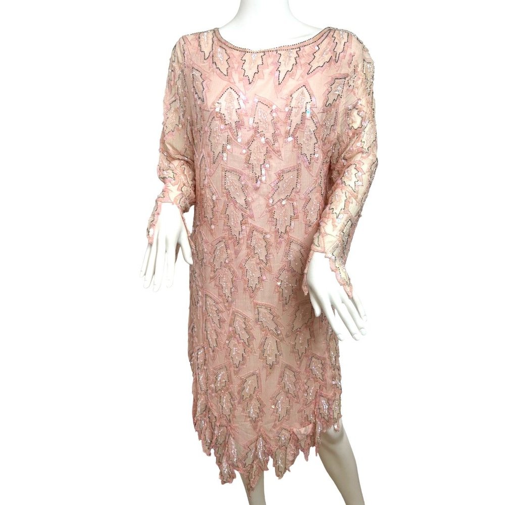 Chanson D’Amour Silk sequins Beaded Dress XL Midi Pink Peach Vintage Long Sleeve